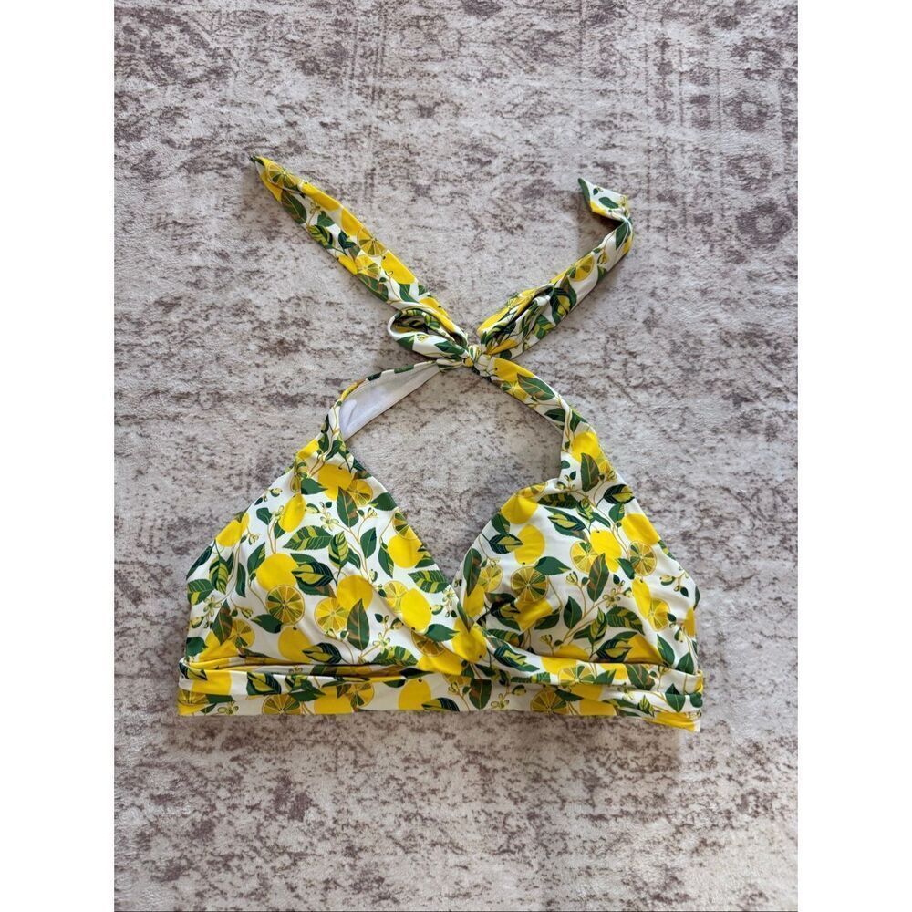 Boden Womens Lemon Print Halter Twist Front Bikini Top Yellow Green Size 16-18